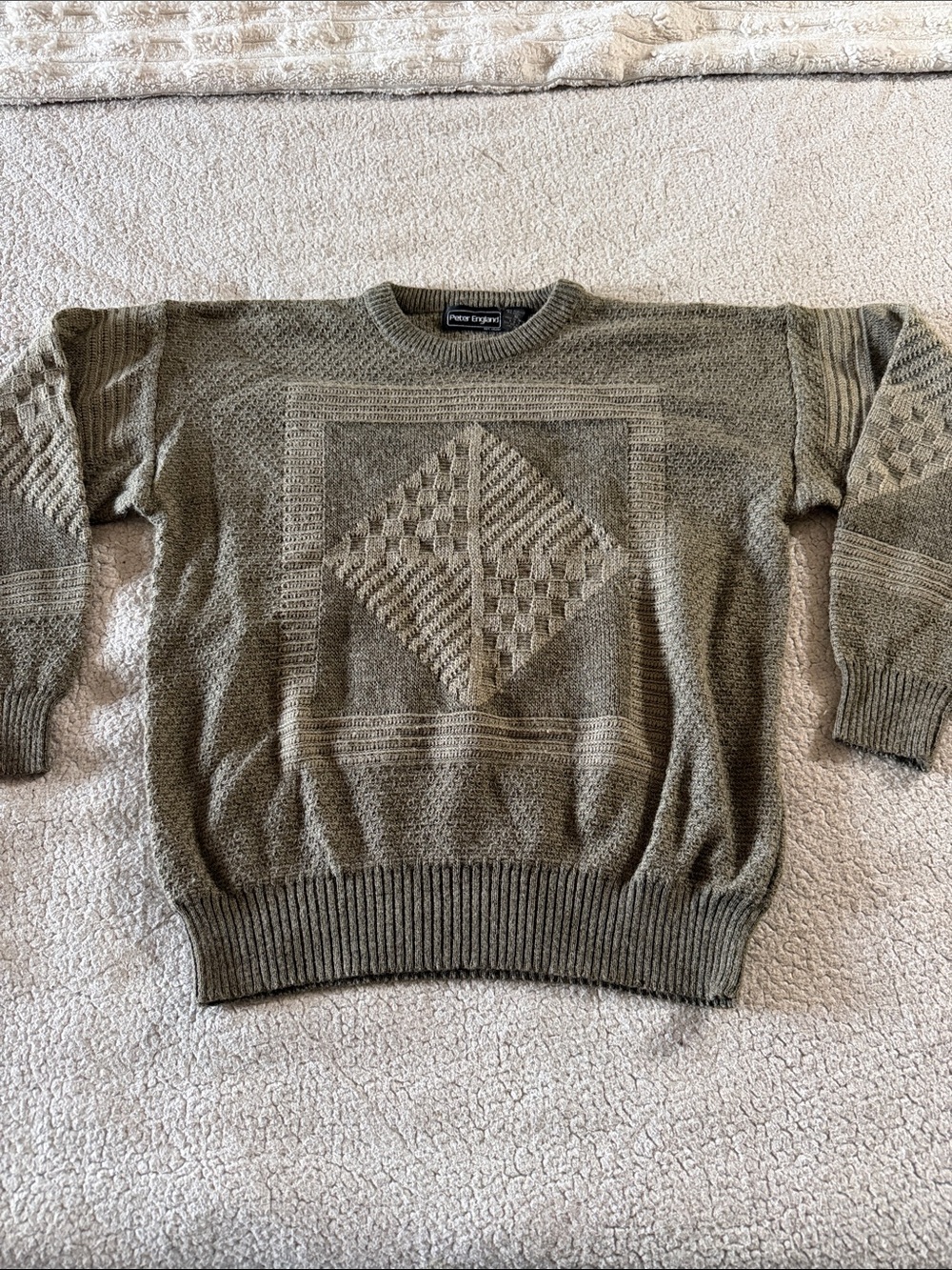 Peter England Vintage Olive Green Textured Wool Blend Crewneck Sweater XL